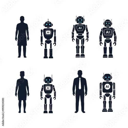Artificial intelligence robot evolution set with human silhouettes and humanoid machines