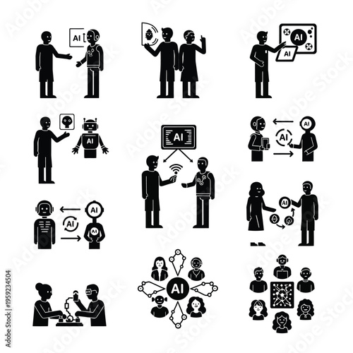 Human and robot interaction icons showing collaborative work and digital communication set