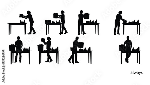 Silhouette illustrations of people working at desks in various positions and actions