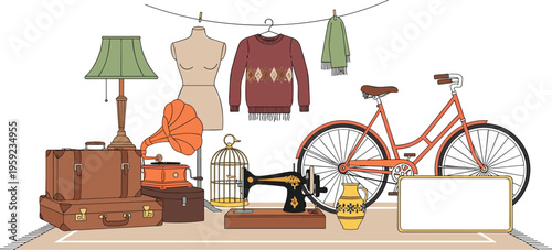 Set of Vintage and Retro Items for Sale at a Flea Market, Featuring a Bike, Lamp, Sewing Machine, and Suitcases for Nostalgic, Antique, and Secondhand Designs