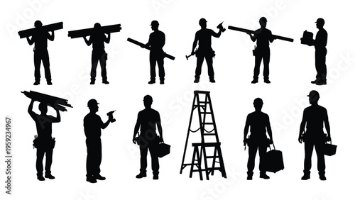 Silhouette of construction workers with tools and equipment