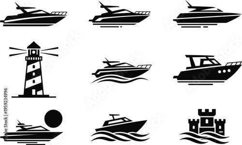 Mega, collection, of, nautical, silhouettes, including, luxury, yachts, lighthouse, and, sea, fortress, isolated, on, white, background, vector, icon, set, design.