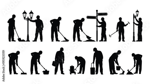 Silhouette of various people engaged in gardening and landscaping activities