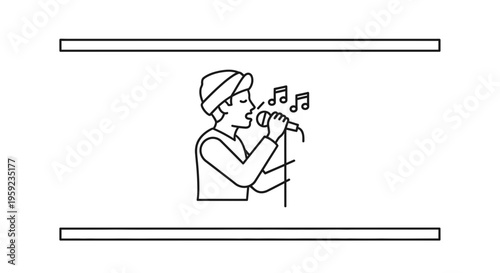 Singer performing with microphone and musical notes, line art illustration
