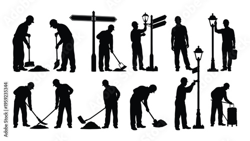 Silhouette illustrations of people cleaning and maintaining street signs and lamps
