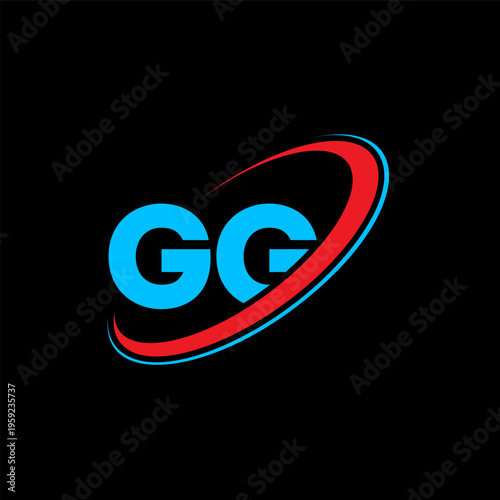 Twin letter gg logo design elements featuring bold blue fonts enclosed in dynamic red and light blue swooshes. Perfect for gaming companies technology firms and modern athletic branding.