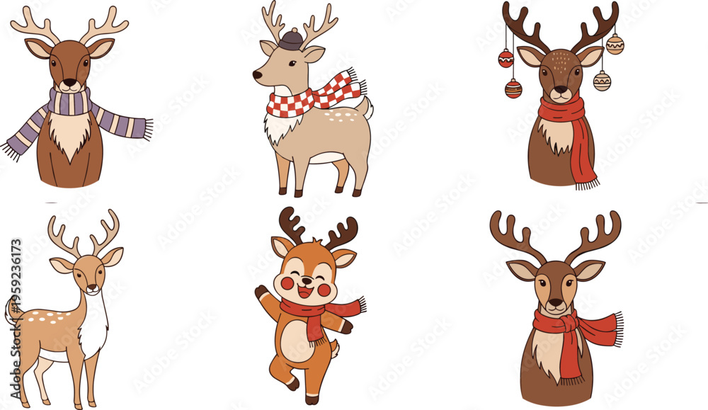 Naklejka premium Set of 6 Cute Christmas Reindeer Illustrations with Scarves, Ornaments, and Festive Accessories for Holiday, Winter, and Seasonal Designs