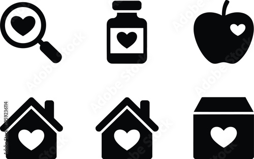 Heart icons set, minimalist black silhouette collection of six heart symbols for healthcare charity medicine and healthy living design projects.