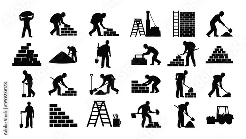 Construction workers engaged in various tasks and activities silhouette icons