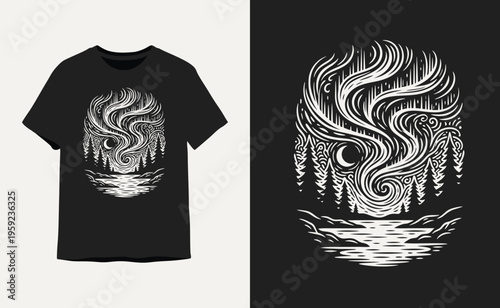 Aurora Borealis and Forest Lake T-Shirt Design in Monochrome Woodcut Style