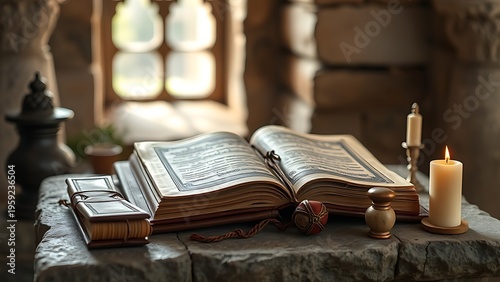 bound. Ancient leather-bound scriptures on a stone altar with soft light. event programs, museum guides, designed for cultural heritage projects and event programs, elevates cultural identity.