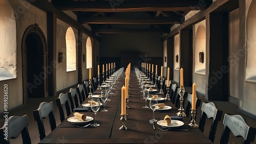 refectory. A long wooden refectory table set with simple tableware in an ancient monastery. event programs, museum guides, designed for cultural heritage projects and event programs.