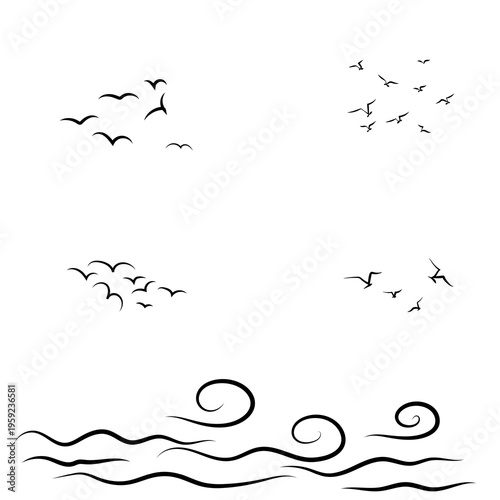 Fluffy clouds and birds, hand-drawn sketch. Vector illustration. Sky, airy expanses, and clouds, isolated on a white background. Not AI.