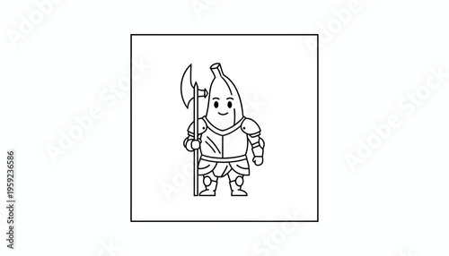 Cartoon Banana Knight Warrior with Axe and Armor, Funny Food Character
