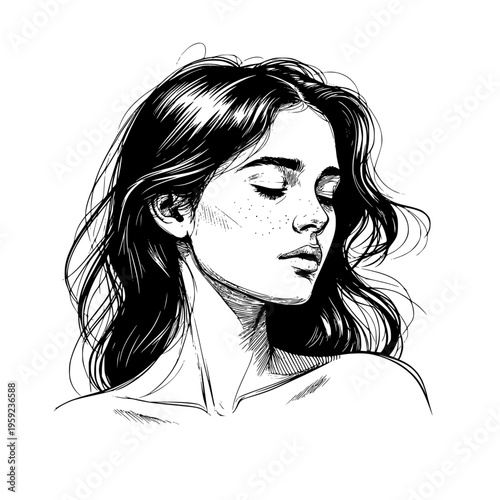 A thoughtful woman's face, long hair pulled back into a bun. Vector illustration. The girl's face is isolated on a white background. Concept for care, mental health, and fatigue from problems.