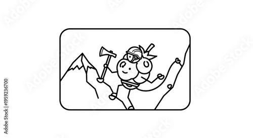 Cartoon Tomato Climber with Axe on Mountain Peak, Adventure and Extreme Sports Concept