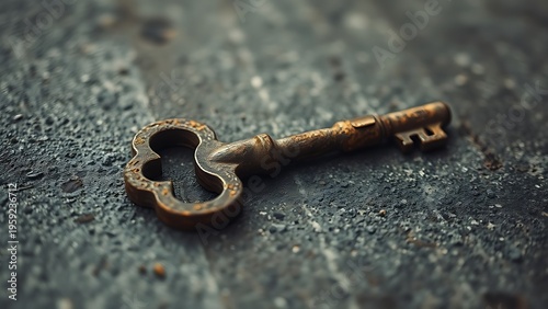 unable. Heavily rusted old key lying on rough concrete surface with desaturated tones. lifestyle magazines, social media lookbooks, designed for influencer and brand collaborations.