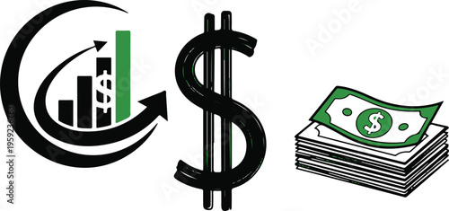 Financial growth, money, investment, business icons, vector graphics