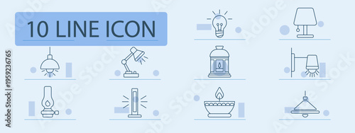 Lamps set icon. Pendant, desk, bulb, fireplace, walllight, oil, floorlamp, candle, ceiling, illumination, interior, decor, lighting, home, glow, energy