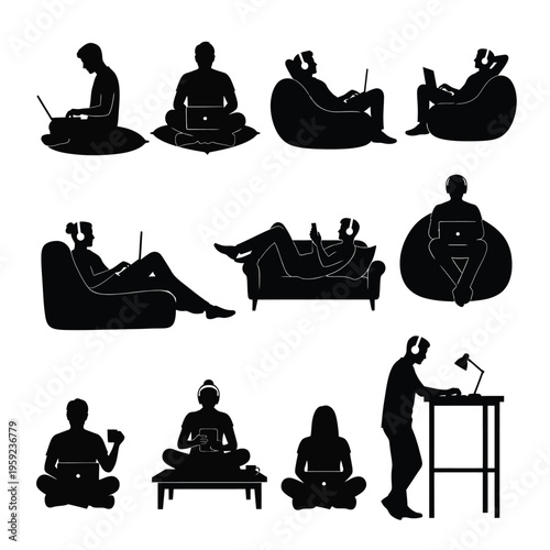 Comfortable home office silhouettes with people working on floor sofa and standing desks