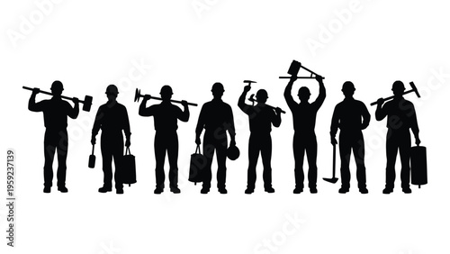 Silhouettes of construction workers with various tools
