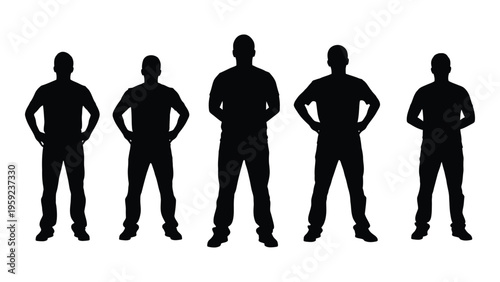 Five police officers standing in a row in black silhouette