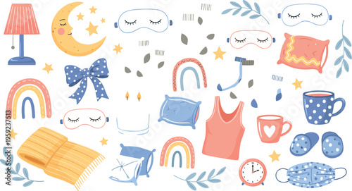 Set of 26 Sleep and Relaxation-Themed Illustrations Featuring Pajamas, Pillows, Sleep Masks, and Cozy Items for Rest, Comfort, and Wellness Designs