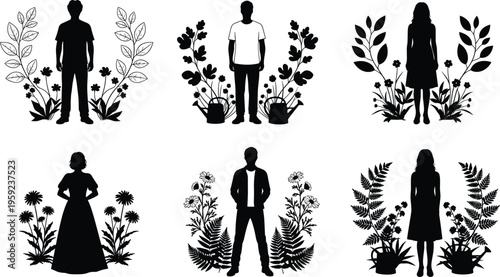 People silhouettes with floral elements set, men and women standing among plants, decorative botanical composition, vector illustration isolated design