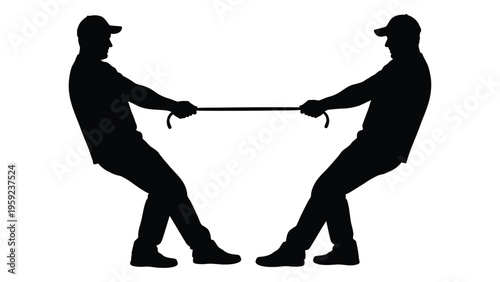 Two people pulling on a rope in silhouette