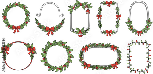Set of 9 Christmas Wreath Frame Illustrations with Bows, Holly, and Ornaments for Holiday, Seasonal, and Festive Designs