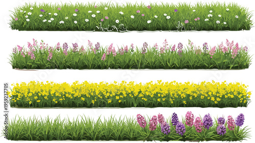 Seamless green grass borders with colorful wildflowers decorative garden hedges vector set isolated on white background for landscaping design projects