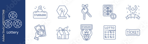 Lottery set icon. Collection with numbered balls, winner board, hexagon draw machine, keys, prize calendar, celebrating person, money cards, house gift, jackpot check, lotto ticket.
