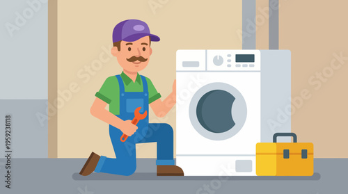 Cartoon illustration of a male repairman in overalls and a cap, holding a wrench and kneeling next to a washing machine with a toolbox nearby, ready for appliance repair.