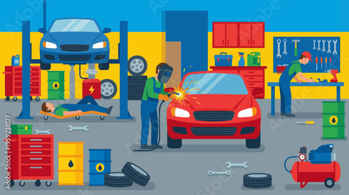 Detailed illustration of a bustling car repair garage with mechanics working on vehicles and various tools.