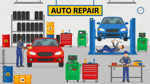 An illustration of an auto repair shop with mechanics working on cars, one on a hydraulic lift and another being welded, surrounded by tools and equipment.