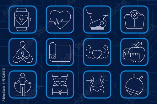 Artificial Intelligence set icon. AI chip, puzzle solve, robotic arm, rocket launch, VR headset, microprocessor, cloud sync, engineer laptop, smartphone globe, brain gear, android robot