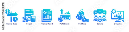 Financial Insight web banner icon vector illustration featuring Financial Guide,Budget,Financial Report,Profit Growth,Best Price,Demand,and Evaluation