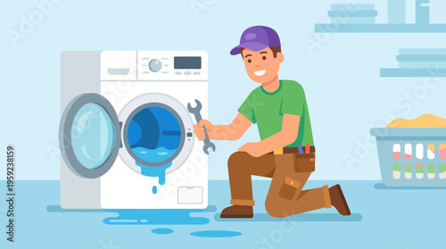 A repairman fixing a leaking washing machine with a wrench, showing a common household appliance problem.