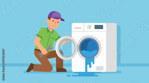 A male technician in a cap and green shirt kneels, holding a wrench, next to a broken washing machine with water leaking from its open door onto the floor.