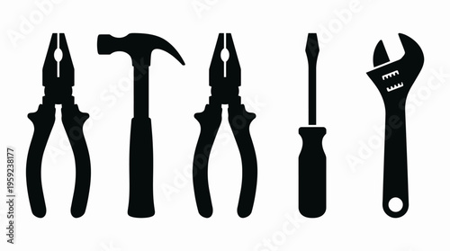 Silhouettes of various essential hand tools including pliers, a hammer, a screwdriver, and an adjustable wrench, isolated on a white background.