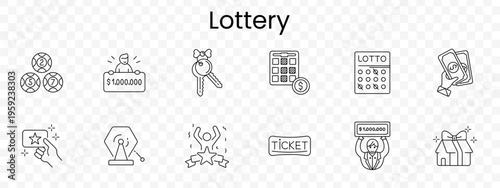 Lottery set icon. Outline gambling elements, numbered balls, jackpot winner board, key, calculator coin, lotto card, cash hand, scratch card, raffle drum, prize star, ticket, gift box.