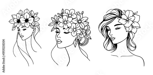 Line art woman with flowers set with stylized floral headband featuring abstract minimalist portrait, female figure, line drawing, vector illustration with flowers and silhouettes