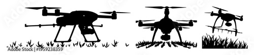 Solid black silhouette of a smart agricultural drone spraying crops, ag-tech theme, isolated on white. set with simple line art design featuring simple design, minimalist, black and white with illu...