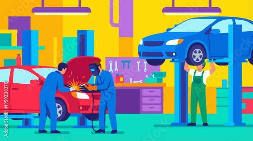 Vibrant illustration of a busy auto repair shop with mechanics working on a red car, one welding, and another inspecting a blue car on a hydraulic lift.