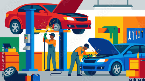 Illustration of a busy car repair shop with mechanics working on a red car on a lift and a blue car with its hood open, performing maintenance and repairs.