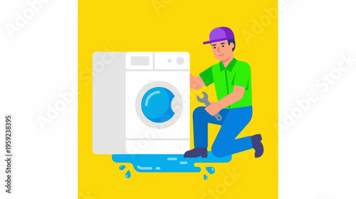 Illustration of a repairman fixing a leaking washing machine with a wrench.