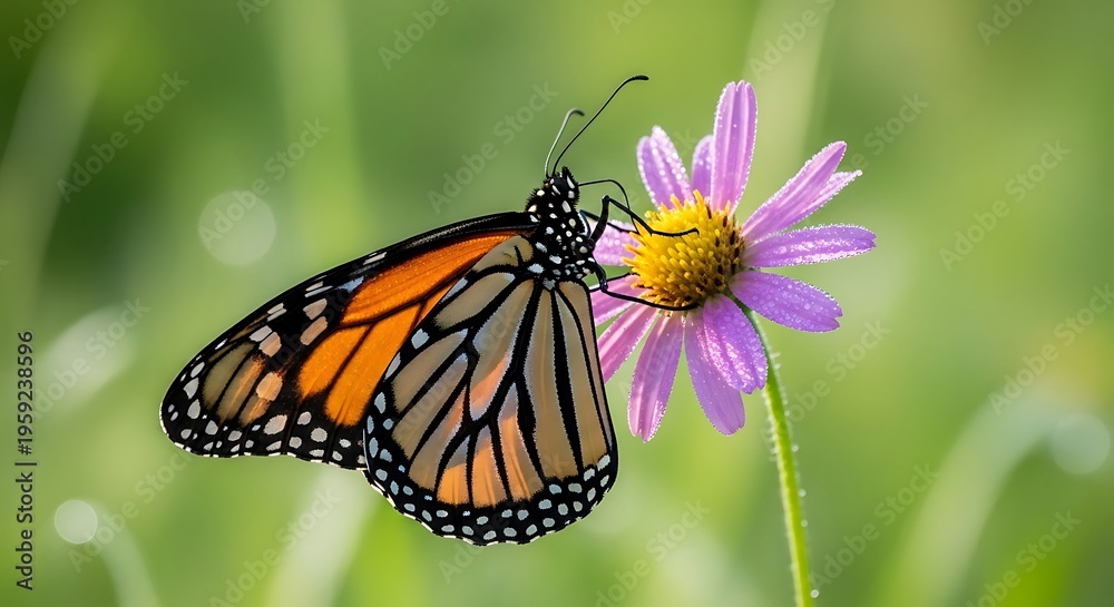 Fototapeta premium Monarch butterfly perched on a delicate pink flower with soft green blurred background in a sunny spring garden setting