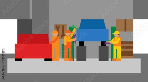 Workers in a car factory assembling or repairing vehicles, with one car elevated on jacks and another on the ground, in a flat graphic style.