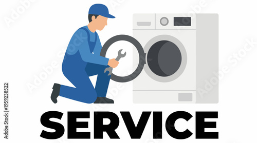 A professional technician in blue uniform repairing a washing machine with a wrench, symbolizing appliance service and maintenance.