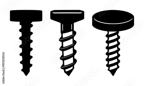 Minimalist vector icon of a single wood screw, centered vertically against a solid white background. The subject is a sharp black silhouette featuring a flat head and distinct spiral threading. The...